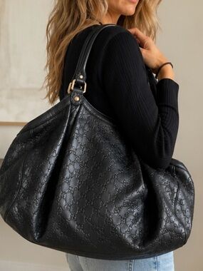 GUCCI Guccissima Black Embossed Leather Large Shoulder Tote Bag